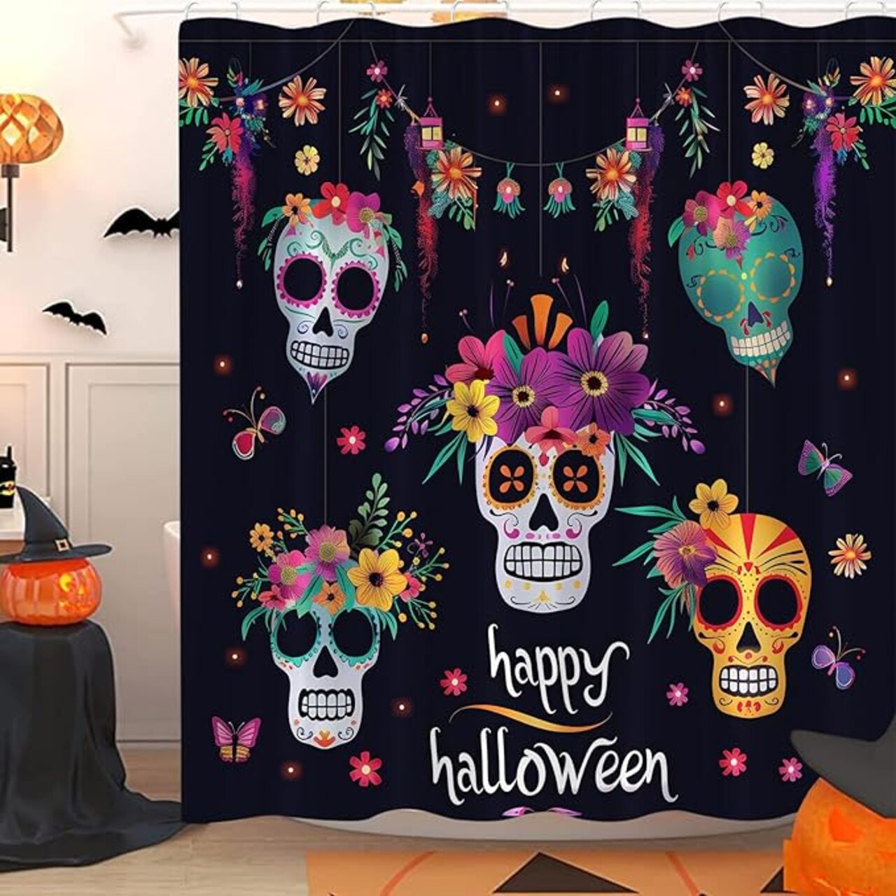 Day of The Dead Shower Curtain Mexican Spooky Halloween Hispanic Style Abstract Gothic Skeleton Floral Funny Flower Skull Sugar Fabric Bath Curtain with Hook, Black
